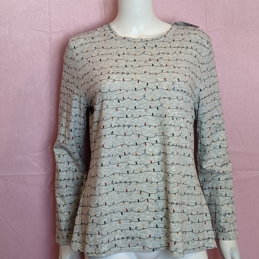 Sleep Sense Light Gray Long Sleeve Christmas Lights Pajama Top size Small